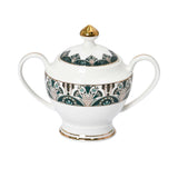 RICHFINE 98-piece luxury dinnerware set featuring emerald green and gold Art Deco patterns on white porcelain, including plates, teapot, tureen, and tea cups.
