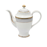 RICHFINE 98-piece luxury fine bone china dinnerware set featuring white plates with grey patterned borders and gold rims, including a teapot, tureen, and bowls.
