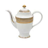 RICHFINE luxury dinnerware set featuring white bone china with thick, multi-layered gold ribbed borders and matching gold-knobbed lids.