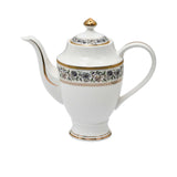 RICHFINE luxury 98-piece bone china dinnerware set featuring white porcelain with black floral filigree patterns and gold-rimmed edges on a white background.