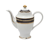 RICHFINE luxury porcelain dinnerware set featuring navy blue and gold textured borders, including plates, bowls, tea pot, soup tureen, and serving platters on a white background.