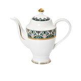 RICHFINE 98-piece luxury dinnerware set featuring emerald green and gold Art Deco patterns on white porcelain, including plates, teapot, tureen, and tea cups.