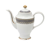 RICHFINE 98-piece white porcelain dinnerware set featuring navy blue geometric patterns, gold finials, and a full tea service against a white background.