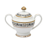 RICHFINE luxury 98-piece bone china dinnerware set featuring white porcelain with black floral filigree patterns and gold-rimmed edges on a white background.
