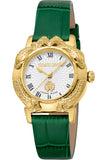 Roberto Cavalli by Franck Muller Ladies White Dial Gold-Tone Snake Embellished Case Green Leather Strap Watch Watch