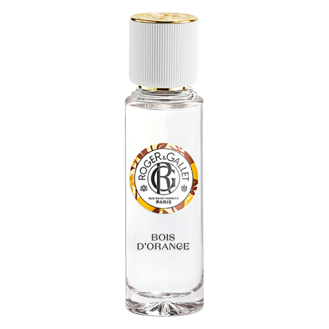 A clear 30ml glass spray bottle of Roger & Gallet Bois d'Orange Wellbeing Fragrant Water with a white ribbed cap, featured on Blue Salon Online.