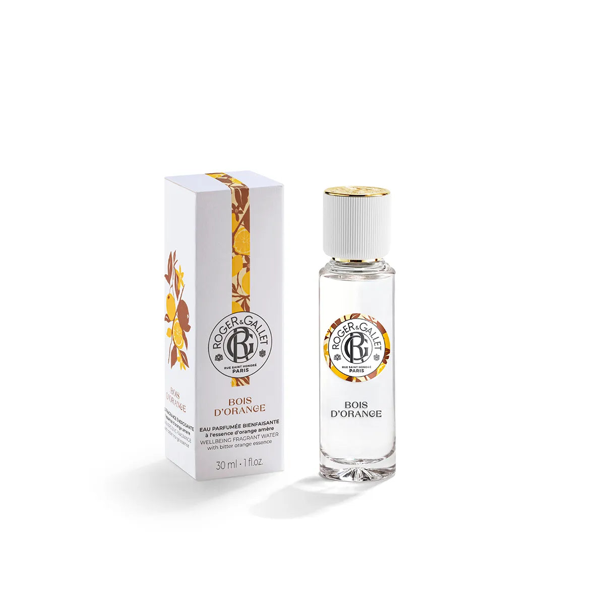 Roger & Gallet Bois d'Orange Wellbeing Fragrant Water 30ml clear glass bottle next to its white and orange illustrated product box, available on Blue Salon Online.