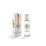 Roger & Gallet Bois d'Orange Wellbeing Fragrant Water 30ml clear glass bottle next to its white and orange illustrated product box, available on Blue Salon Online.