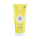 A 200ml yellow squeeze tube of Roger & Gallet Fleur d'Osmanthus Wellbeing Shower Gel with a white cap, featuring floral illustrations and a round central logo.
