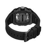 A studio view focusing on the reverse side of the watch, showing the four-screw stainless steel caseback with a circular stripe motif, the inner silicone strap design, and the black steel buckle engraved with CERRUTI 1881.