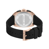 A studio photograph from the back showing the brushed stainless steel caseback engraved with Cerruti 1881 branding and technical specifications, alongside the rose gold buckle.