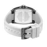 A studio view focusing on the back of the watch, showing the brushed steel four-screw caseback, inner strap details, and the black ion-plated tang buckle engraved with CERRUTI 1881.