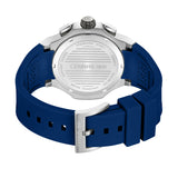 A studio photograph from the rear showing the brushed stainless steel screw-down caseback, the embossed inner strap branding, and the steel tang buckle engraved with CERRUTI 1881.