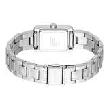 Rear angle layout of the Esprit watch, showing the protective steel caseback alongside the secure fold-over mechanism of the metal link band.