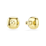 A detailed rear studio view of the Swarovski Una Angelic stud earrings, highlighting the polished, mirror-like 18K gold-plated backings and the secure, custom-sculpted friction butterfly backs engraved with the subtle Swarovski logo.