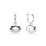 A precise rear product view of the Swarovski Symbolica earrings, showing the highly polished, smooth rhodium-plated backings of the evil eye drops and the sturdy hinge mechanism of the huggie hoops.