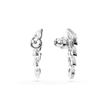 A detailed product view from the back of the Swarovski Mesmera earrings, showcasing the polished rhodium-plated structural casing, the post backings, and the authentic swan logo engravings.
