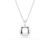 A detailed rear product view of the Swarovski Una Angelic cushion-cut pendant, showcasing the smooth, polished rhodium-plated dome backing stamped with the subtle signature swan logo.