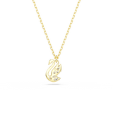 A detailed rear product view of the Swarovski Swan pendant, showing the smooth, highly polished 18K gold-plated back, the structured open settings, and the delicate signature stamp.