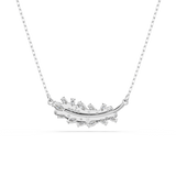 A detailed rear product view of the Swarovski Vienna feather necklace, showing the smooth rhodium-plated horizontal support structure, open-backed settings, and the engraved signature swan logo.