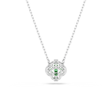 A detailed rear product view of the Swarovski Una Angelic clover pendant, showing the open-backed, geometric rhodium-plated frame and secure stone mounts that let light pass through.