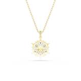A detailed rear product view of the Swarovski Magic snowflake pendant, showing the open-backed 18K gold-plated frame, secure structural prongs, and the engraved signature swan logo on the back.