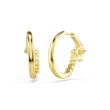 A detailed rear product view of the Swarovski Mesmera hoop earrings, displaying the highly polished gold-plated reverse side and the secure hinge mechanism.