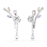 A detailed rear perspective view of the Swarovski Ariana Grande earrings, revealing the high-shine rhodium-plated architecture, structural stone baskets, and heavy-duty circular disk clutches attached to the posts.