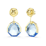 A detailed rear perspective view of the Swarovski Gema earring jackets, showcasing the secure circular disk clutches attached to the posts and the smooth, open-back architecture holding the large blue crystals.