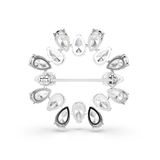 A detailed rear perspective view of the Swarovski Matrix brooch, showcasing the high-shine rhodium-plated basket mountings, open-back crystal settings, and the horizontal security pin with a rotating wheel closure.