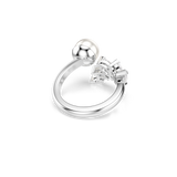 A detailed rear studio view of the Swarovski Mesmera open ring, showing the clean inner band structure, the smooth cup setting supporting the crystal pearl, and the secure prong-work backing holding the marquise-cut stones.