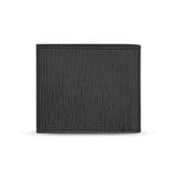 Rear view of the closed wallet, showing the uniform texture of the linear wave-patterned black leather and the fine perimeter stitching.