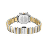 A product photograph from the back displaying the square stainless steel caseback secured with corner screws, water resistance details, and the custom inner layout of the two-tone butterfly deployment bracelet.