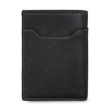 A direct back view of the closed black leather card wallet, highlighting the uniform textured cross-grain pattern and the matching geometric-cut rear slide pocket.