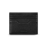 A direct back-facing view of the black leather cardholder, showcasing the uniform cross-grain texture, precision stitching, and a clean debossed brand emblem on the rear surface.