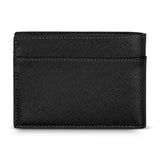 A direct rear studio shot of the closed black card case wallet, showcasing the uniform cross-hatched Saffiano leather texture, tonal black stitching, and a quick-access flat horizontal card pocket.