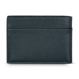 A direct back studio shot of the closed navy blue card case wallet, showcasing the uniform cross-hatched texture, tonal stitching, and a quick-access horizontal card pocket.