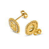 A close-up view displaying one earring from the front-angle and the other from the back, showing the smooth stainless steel rear design and the matching friction butterfly clutch backings.