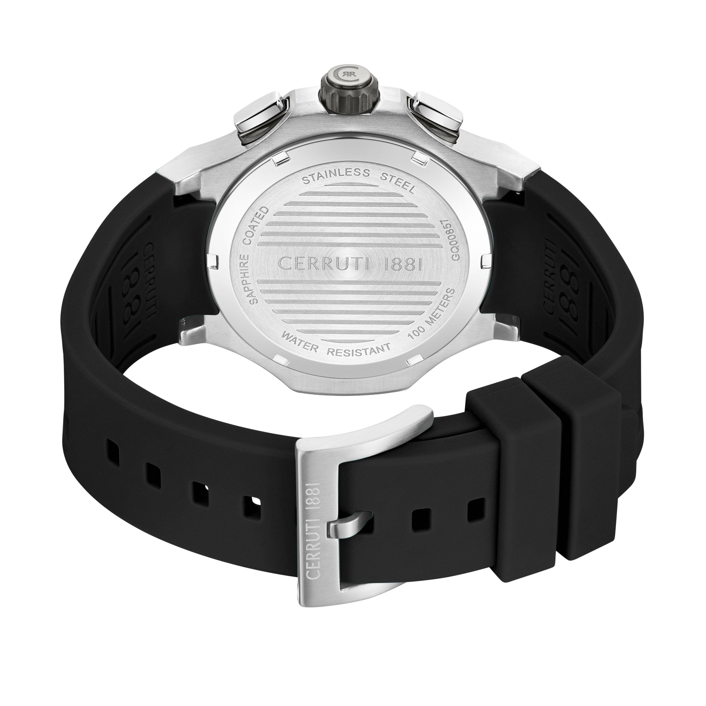 Rear perspective of the Cerruti 1881 Lucardo watch showing the engraved stainless steel screw-down caseback, silicone texture, and polished steel buckle clasp.