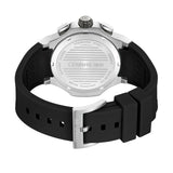Rear perspective of the Cerruti 1881 Lucardo watch showing the engraved stainless steel screw-down caseback, silicone texture, and polished steel buckle clasp.
