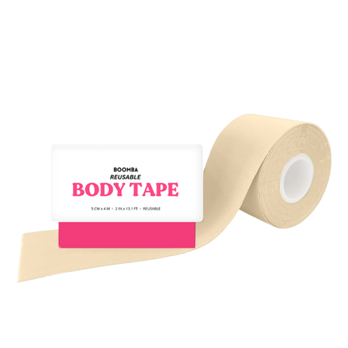 Roll of BOOMBA reusable body tape in a sand beige colour, with its white and pink packaging box.
