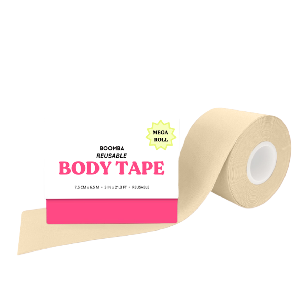 Roll of BOOMBA Reusable Body Tape in a light sand colour, with its white and pink "Mega Roll" packaging label.