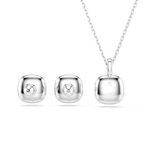 A detailed product shot showing the smooth, highly polished rhodium-plated reverse side of the Swarovski Una Angelic pendant and stud earrings, featuring a tiny engraved swan logo on the back of the pendant.