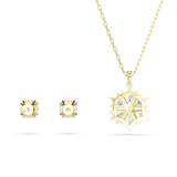 A product view showcasing the reverse side of the Swarovski Magic jewelry set, revealing the open-back settings, smooth gold surfaces, and an engraved swan logo on the back of the snowflake pendant.