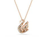 A product view showcasing the reverse side of the Swarovski Swan pendant, detailing the smooth, open-frame 18K rose gold finish backings that allow light through the black crystal settings.