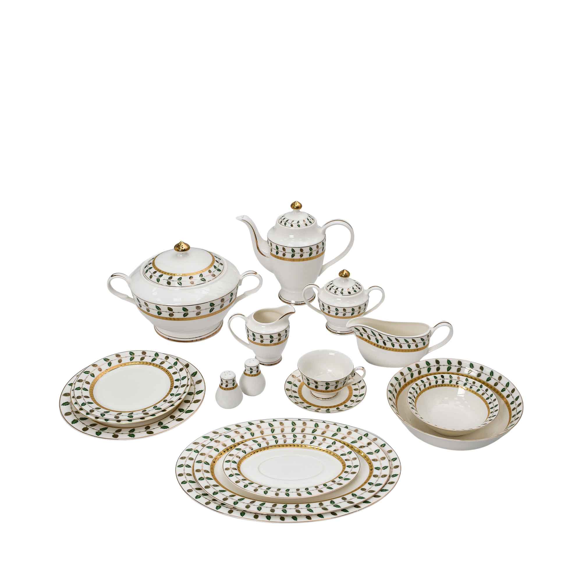 Richfine 98-Piece Round New Bone China Dinner Set with green and gold accents — Order Online Today.