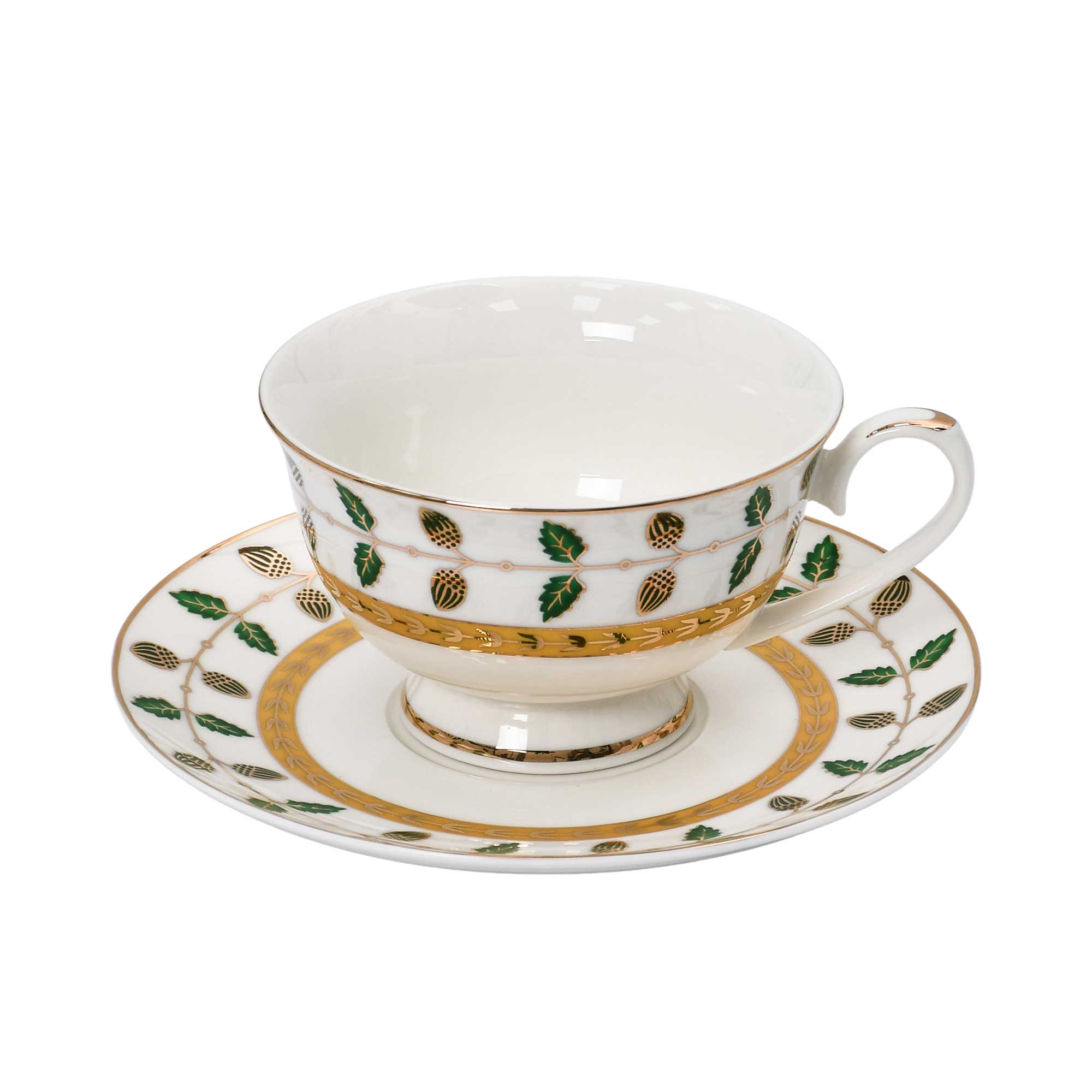Richfine 98-Piece Round New Bone China Dinner Set with green and gold accents — Order Online Today.