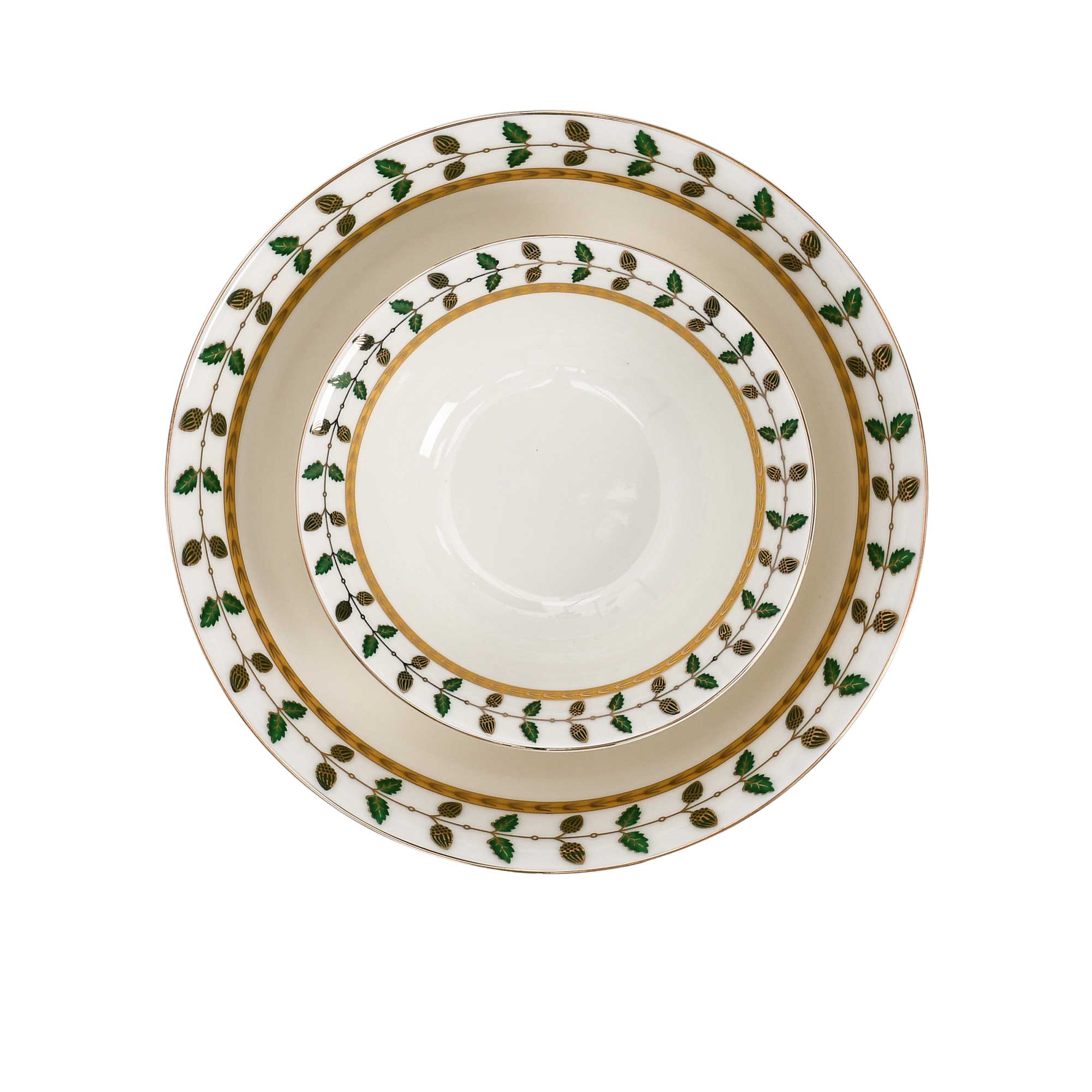 Richfine 98-Piece Round New Bone China Dinner Set with green and gold accents — Order Online Today.