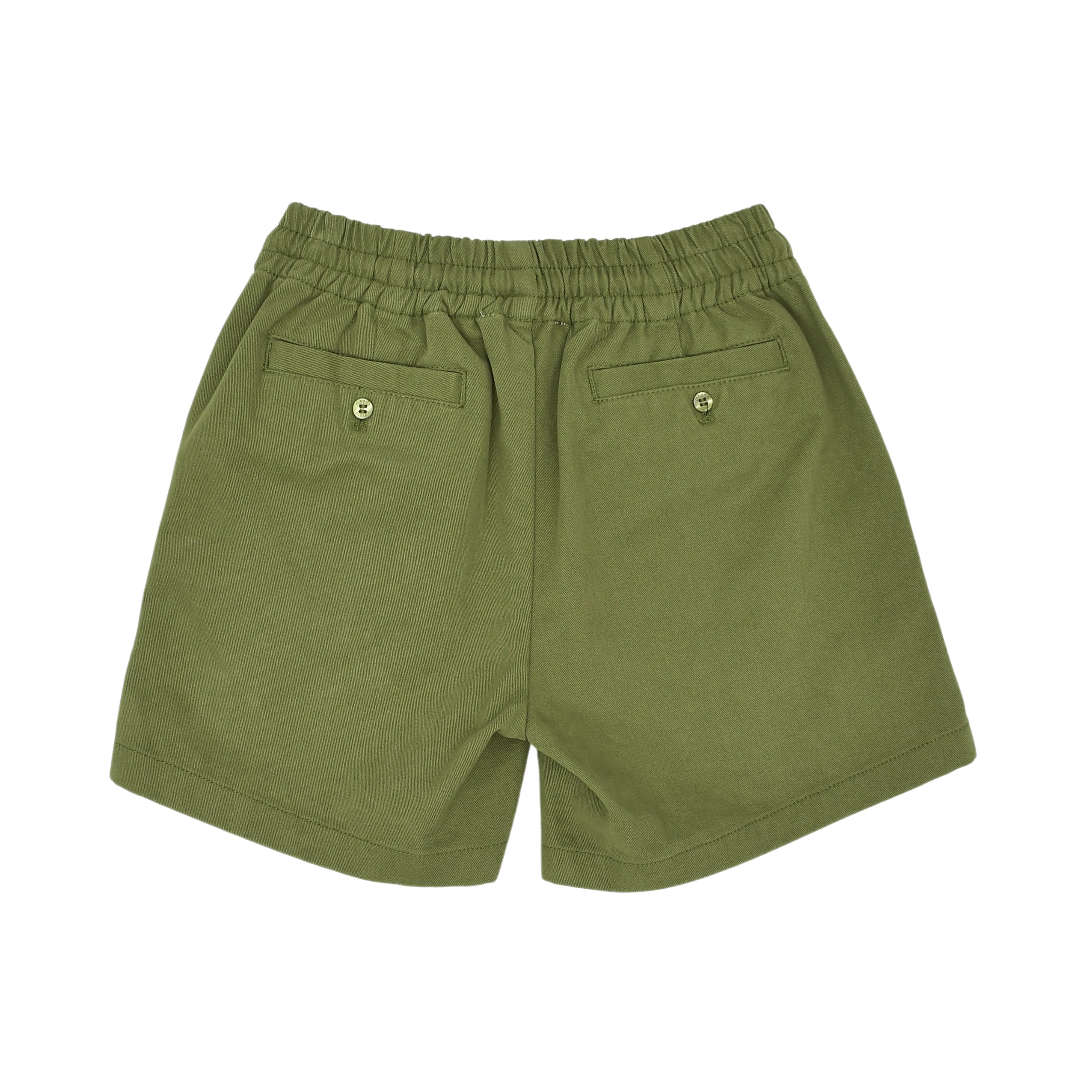 Back view of the olive green Roberto Cavalli kids shorts, detailing the stitched elastic waistband and two neat rear slit pockets fastened with small buttons.