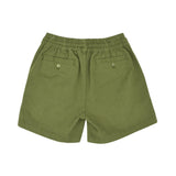 Back view of the olive green Roberto Cavalli kids shorts, detailing the stitched elastic waistband and two neat rear slit pockets fastened with small buttons.